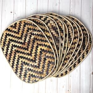 Set of 8 Woven Wicker Oval Placemats Reversible Brown Tone Vintage Boho Natural